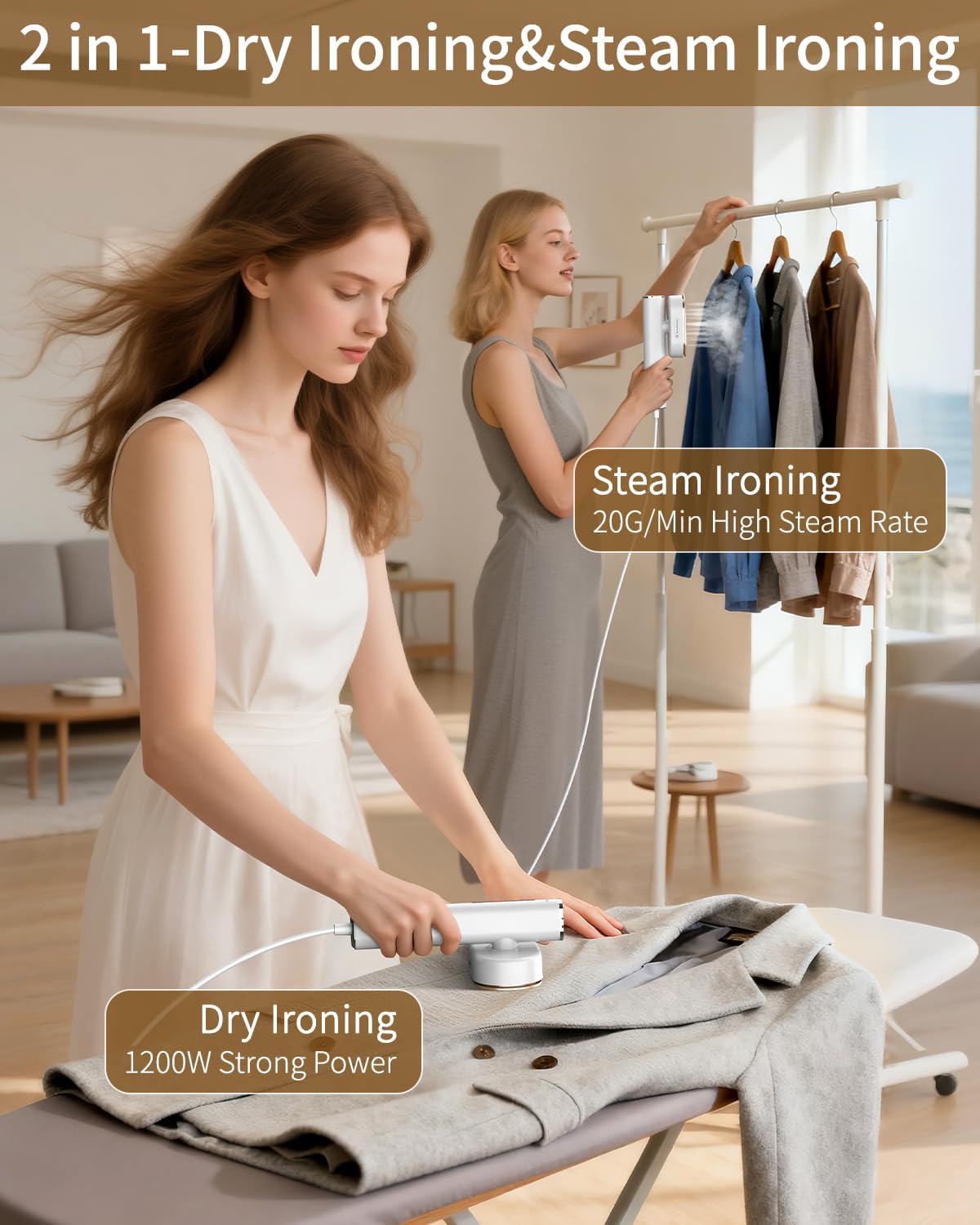 Skiennix 2-in-1 Handheld Clothes Steamer - 1200W Fast Wrinkle Removal, Portable & Travel-Friendly - White