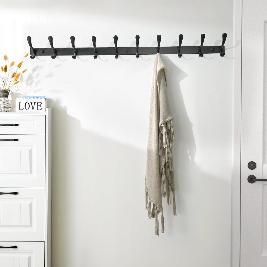 SKOLOO Coat Rack Wall Mounted - 10 Hooks, Pack of 2, Heavy Duty, Stainless Steel, Metal Wall Hanger, Sturdy Coat Hooks for Hanging Coats, Jacket, Clothes, Hat, Black