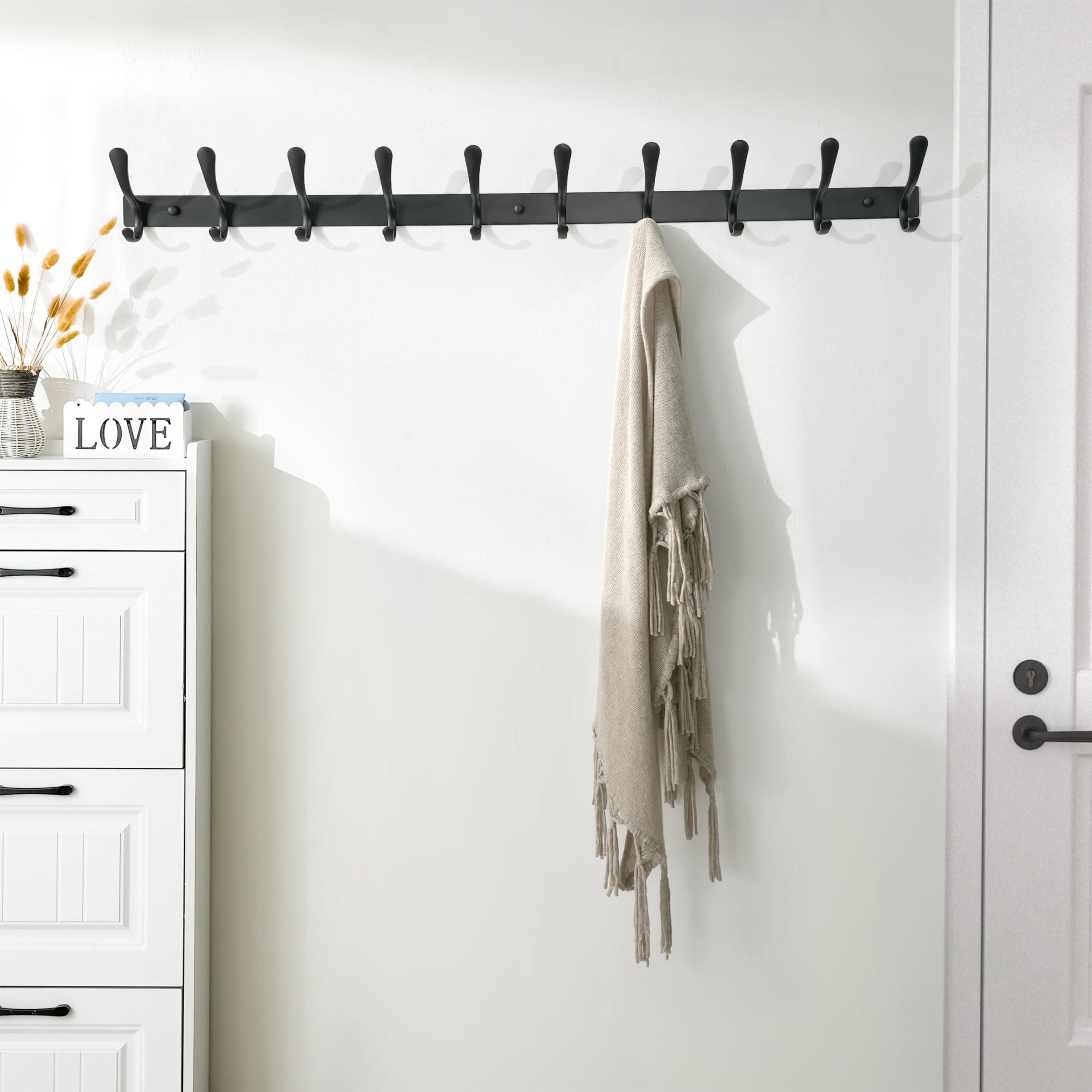 SKOLOO Coat Rack Wall Mounted - 10 Hooks, Pack of 2, Heavy Duty, Stainless Steel, Metal Wall Hanger, Sturdy Coat Hooks for Hanging Coats, Jacket, Clothes, Hat, Black