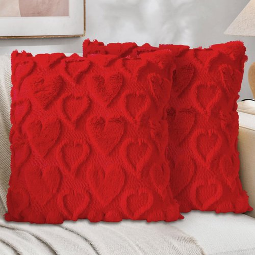Valentine's Day Pillow Covers 18x18 Inch, 2 Pack Red Heart Throw Pillow Soft Plush Faux Fur Anniversary Wedding Valentines Day Decorations Square Luxury Case for Sofa Bed Home Decor (Red Pack of 2)