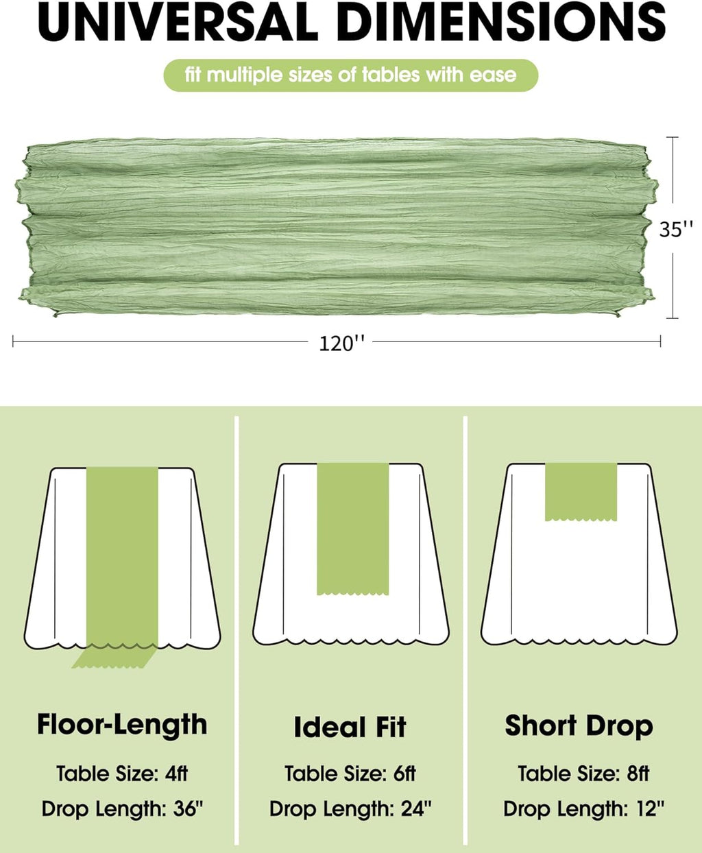 Pureegg Table Cloth Set - 8 Waterproof Disposable Tablecloths (54"x108") & 2 Decorative Cheesecloth Runners (35"x120") | Perfect for Parties, Picnics & Weddings in White & Sage
