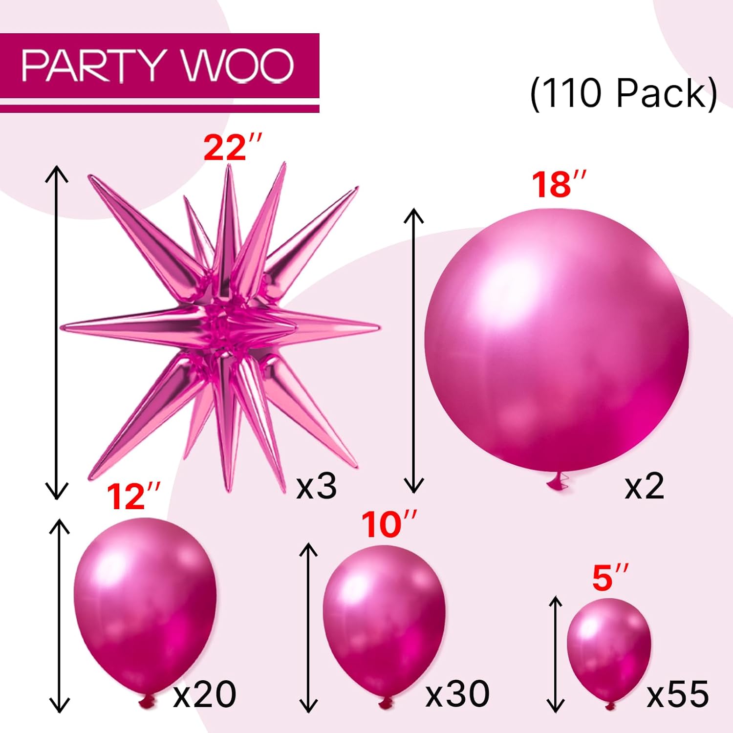 PartyWoo Metallic Pink Star Balloons - 110-Piece Foil Mylar Balloon Arch Kit for Birthday & Wedding Decor | Various Sizes 5-22 Inches