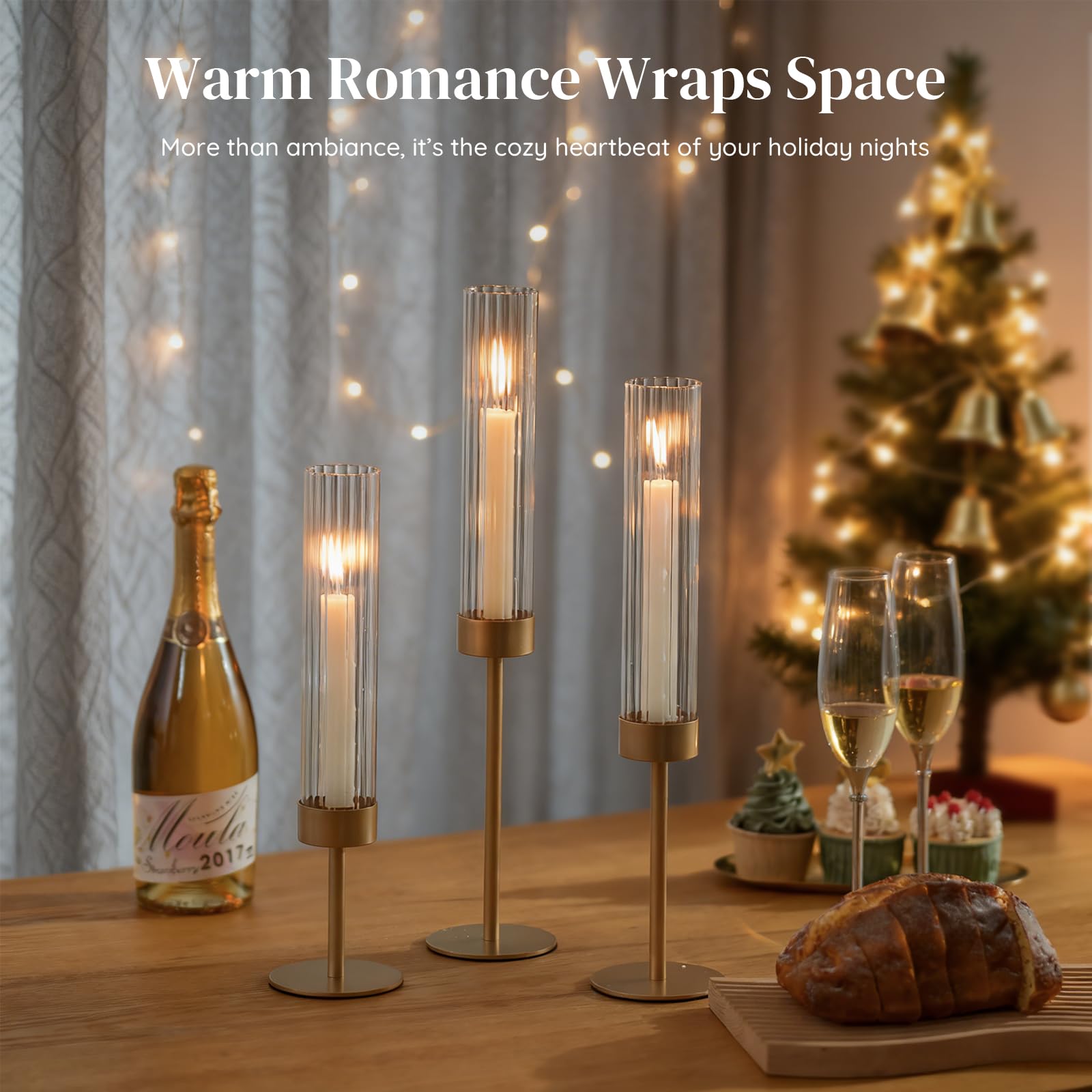 Glasseam Tapered Gold Candlestick Holders: 6 Pcs Tall Brass Taper Candle Holder with Ribbed Glass Cylinder - Hurricane Fluted Candle Holders for Table Centerpiece Wedding Party Christmas Decorations