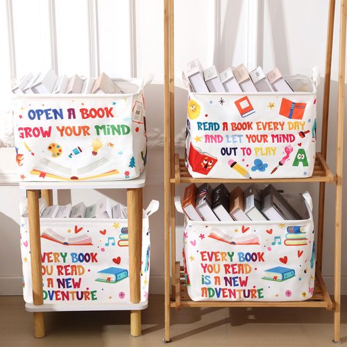 Domensi 4 Pcs Back to School Collapsible Book Bins Reading Book Basket 15.7 x 11.8 x 11.8 Inches Cartoon Kids Books Bin Storage for Classroom Library Nursery Room Rectangle Storage Bin Bedroom Toy