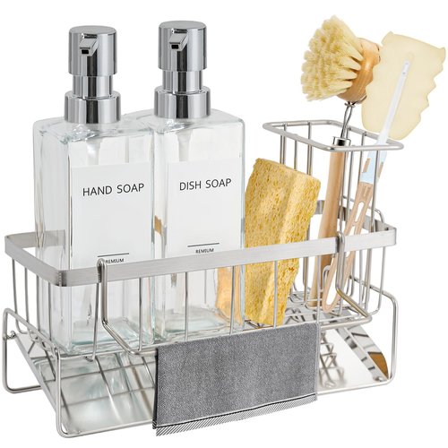 GMISUN Kitchen Soap Dispenser, 12 Fl oz/350ml Clear Dish Soap Dispenser with Silver Sponge Holder, Customized Glass Dish Soap Dispensers for Kitchen, Modern Hand and Dish Soap Dispensers Set Removable
