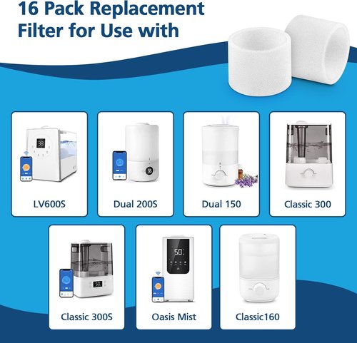 16-Pack Top Fill Humidifier Replacement Filters for LEVOIT Classic160, Dual150, Dual200S, Classic300(S), LV600S, OasisMist450S, Superior 6000S Humidifiers