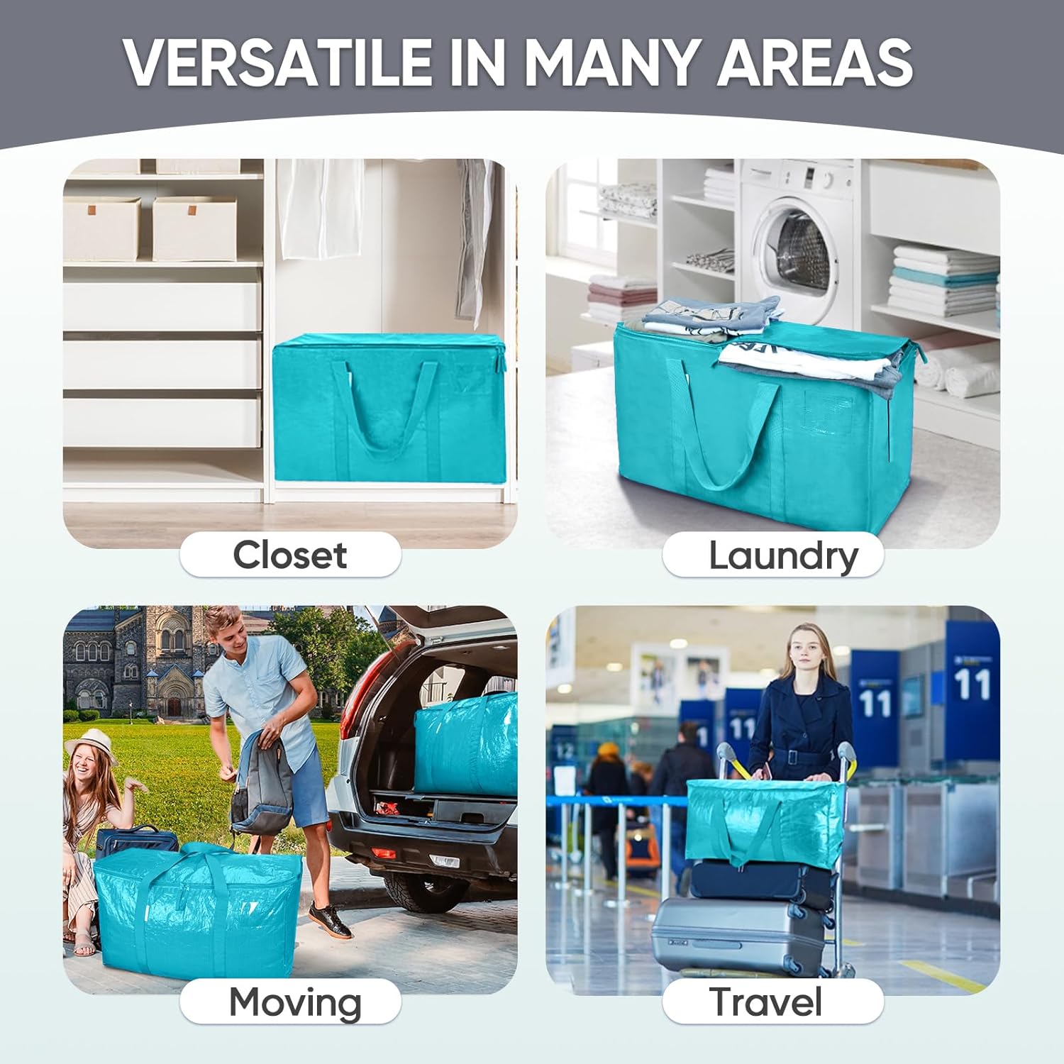 TICONN Extra Large Heavy-Duty Moving Bags - Durable Storage with Zippers & Handles | 2 Pack, Aqua