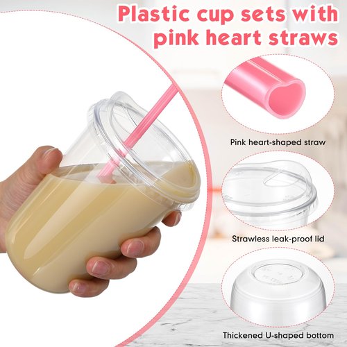 Ziliny 50 Sets Clear Plastic Cups with Heart Shaped Pink Straws and Strawless Lids Disposable Round Bottom PET Cups for Iced Coffee Cold Beverage Party Wedding Bridal Shower (Clear,16 oz)