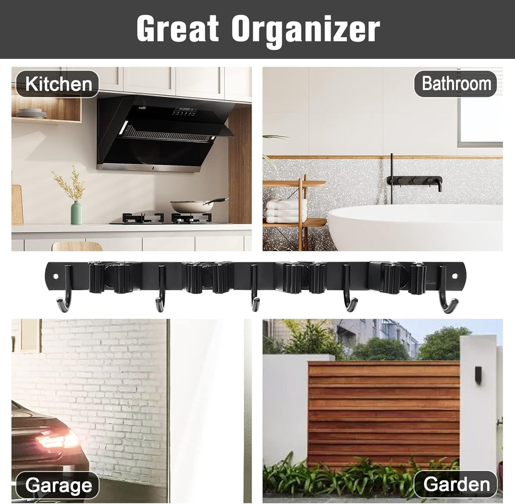 Skiennix Mop and Broom Holder - Wall Mount Organizer with 4 Racks & 5 Hooks | Heavy-Duty Stainless Steel for Home & Garage