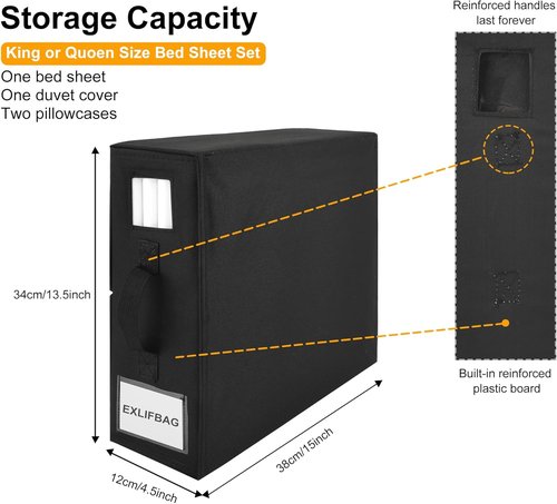 EXLIFBAG Sheet Organizers - Foldable Storage for Linen Closet | XL Black Bedding Container (Queen & King Size)