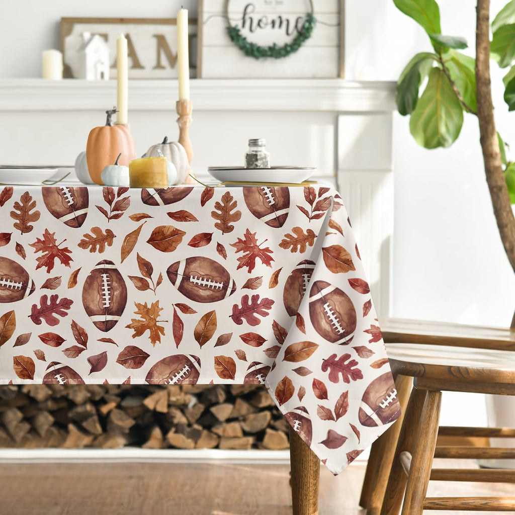 Horaldaily Fall Tablecloth 60×104 Inch Rectangular, Thanksgiving Autumn Harvest Brown Leaves Football Table Cover for Party Picnic Dinner Decor