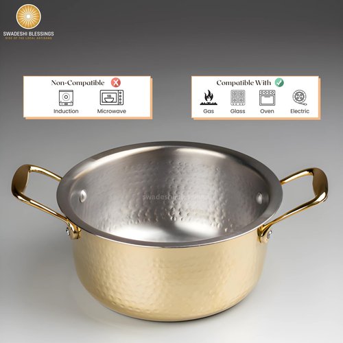Swadeshi Blessings Exclusive Range Brass Pot/Stock Pot for Cooking with Lid/Teflon-Free/Naturally Non-Stick Brass Utensils with Tin Coating (1 Litres)
