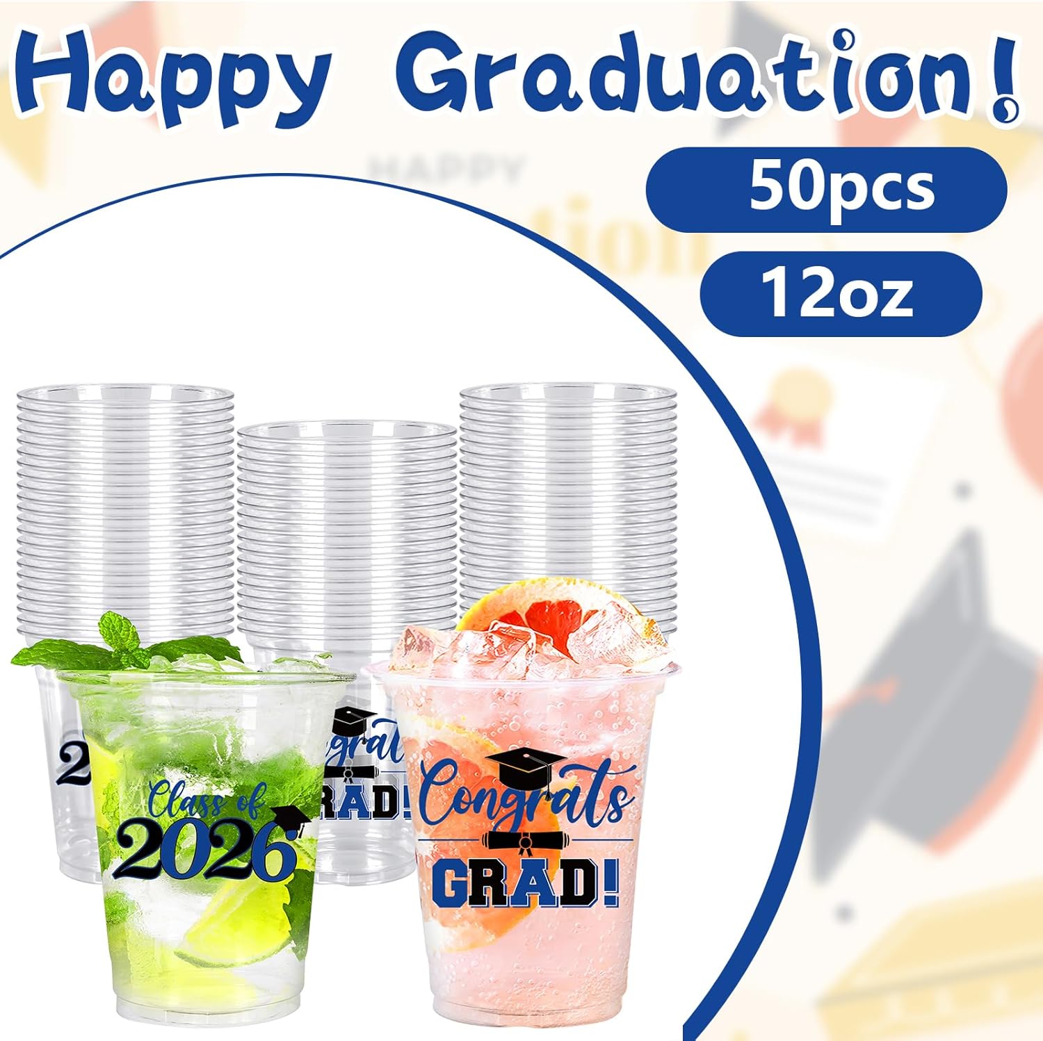 Whaline 50Pcs Graduation Plastic Cups - 12 Oz Clear Disposable Cups for Class of 2026 Party Decor