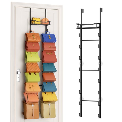 SWTYMIKI Over The Door Purse Organizer - Wall Mounted Purse Rack with 16 Hooks and Metal Basket, Handbag Hanger Organizer Holds up to 16 Bags, Bag Rack Can Use As 1/2 Part, for Door, Closet