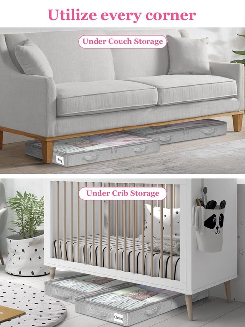 3-Inch High Under Bed Storage Containers, Low Profile Underbed Bins, NO RIGID STRUCTURE, Foldable Clothes Storage Organizer w/Lid & Zipper, Shallow Storage for Low Beds, Couches & Cribs, 2-Pack, Gray
