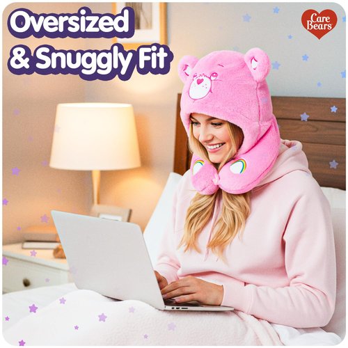Care Bears - Cheer Bear Snuggle Hood, Travel Pillow with Hood, Soft Plush Neck Support, Lightweight, Comfortable and Breathable, Airplane, Care and Train Travel - Pink