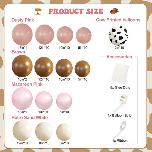 JOYFLOAT Cowgirl Dusty Pink Cow Balloon Garland Arch Kit, Light Pink Brown Sand White Balloons for Cowgirl Baby Shower Birthday Western Theme Party Decoration