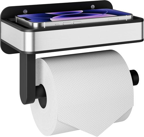 Kitsure Toilet Paper Holder - Matte Black Wall-Mount Storage with Shelf | Space-Saving Design, 7.1" W