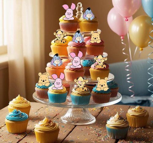 48Pcs Classic Winnie Cupcake Toppers - Baby Shower and Birthday Party Cake Decorations, Party Supplies