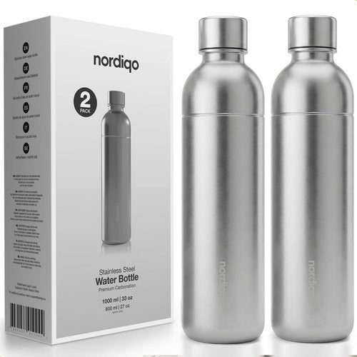 Nordiqo Premium 33 oz Stainless Steel Bottle | Compatible with Aarke Carbonator 3, SodaStream Duo & Plastic Bottle | No Expiry | Plastic-Free | 2x Steel