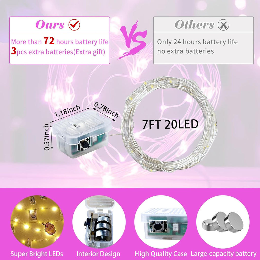 Skiennix 100 Pack Pink Fairy Lights - 7Ft 20 LED Twinkle String Lights | Battery Operated & Waterproof for Parties, Weddings, & Holidays