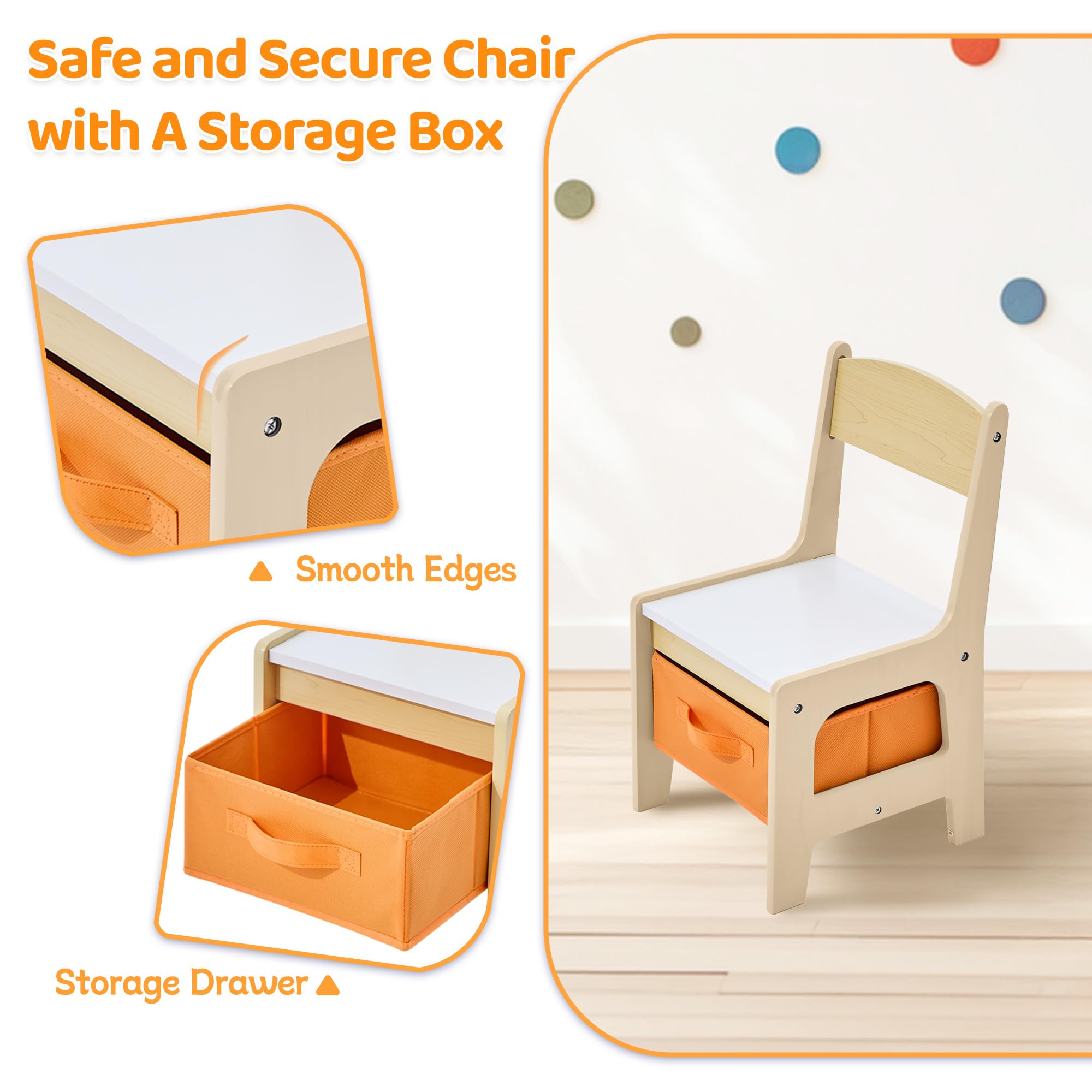 CuFun Kids Table and Chairs Set, 4 in 1 Wooden Kids Table with Reversible Tabletop, Children Activity Table with Removable Tabletop Storage, Toddler Table and Chair Set for Home, Nursery, Playroom