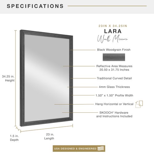 MCS 23x34.25 Lara Large Wall Mirror, Black Traditional Rectangle Mirror, Vertical & Horizontal Wall Hanging Mirror for Bathroom, Bedroom, Entryway & Livingroom