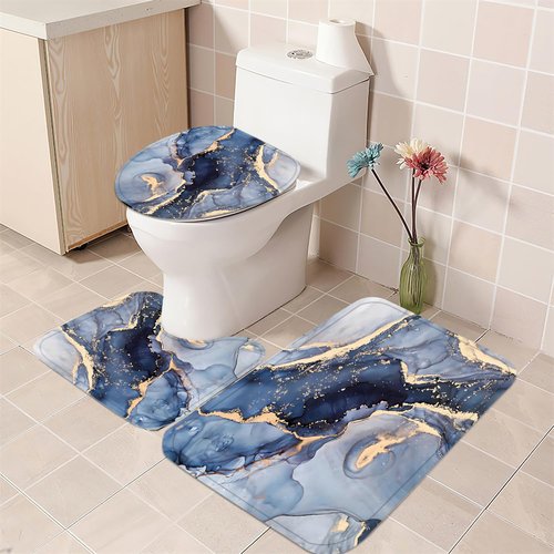Nkzply 4 Pcs Blue Marble Shower Curtain Set Modern Abstract Bathroom Sets with Shower Curtain and Rugs Gold Fabric Shower Curtains for Bathroom Decor Accessories with Bath Rugs Toilet Lid Cover Hooks