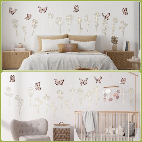 Yalikop 72 Pcs Wooden Wildflowers Wall Decor Set Boho Nursery Decor for Girl Baby Bedroom Decals Flowers Cutout Signs Wooden Butterflies Art for Nursery Baby Room Home