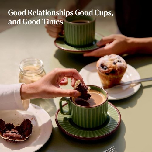 DOWAN Cappuccino Cup Set - 8 OZ Ceramic Coffee Mugs with Saucers | Elegant Ribbed Design for Home & Café