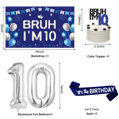 10th Birthday Decorations for Boys Girls Men, Blue Sliver Bruh I'm 10 Backdrop Happy 10th Birthday Banner Table Honeycomb Centerpieces Cake Topper Balloons Hanging Swirls Party Supplies
