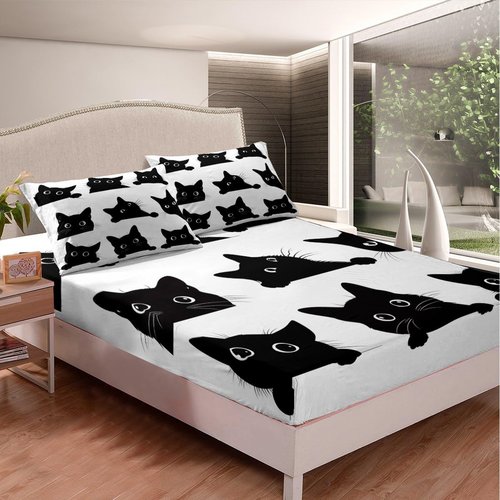 Feelyou Black Cat Bed Sheet Set for Kids Boys Girls Cute Kitten Print Bedding Set 1 Flat Sheet + 1 Fitted Sheet + 2 Pillowcases Queen Size