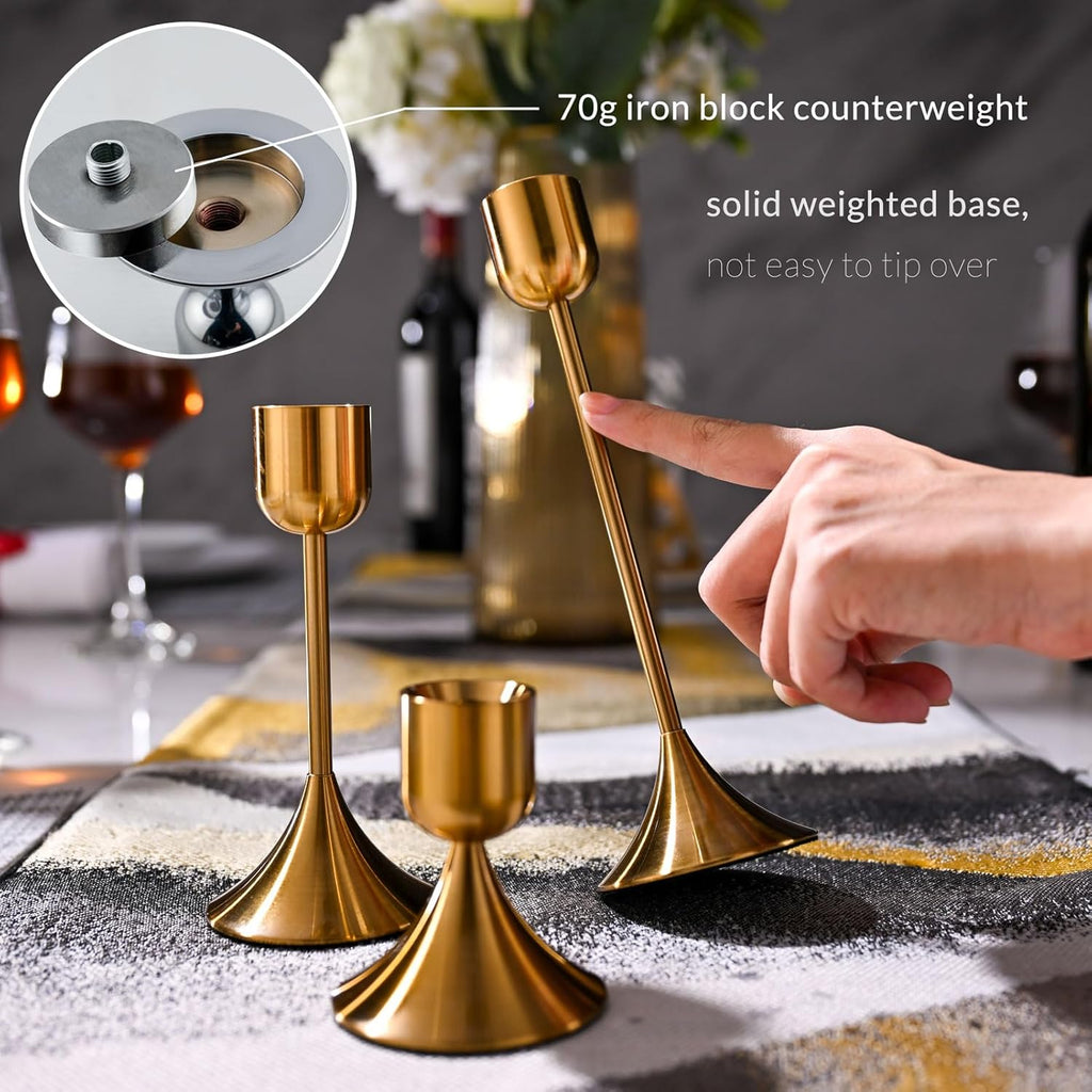 Skiennix Candle Holder - Heavy Base for Elegant Room Décor | Shiny Copper, 3-Piece Set