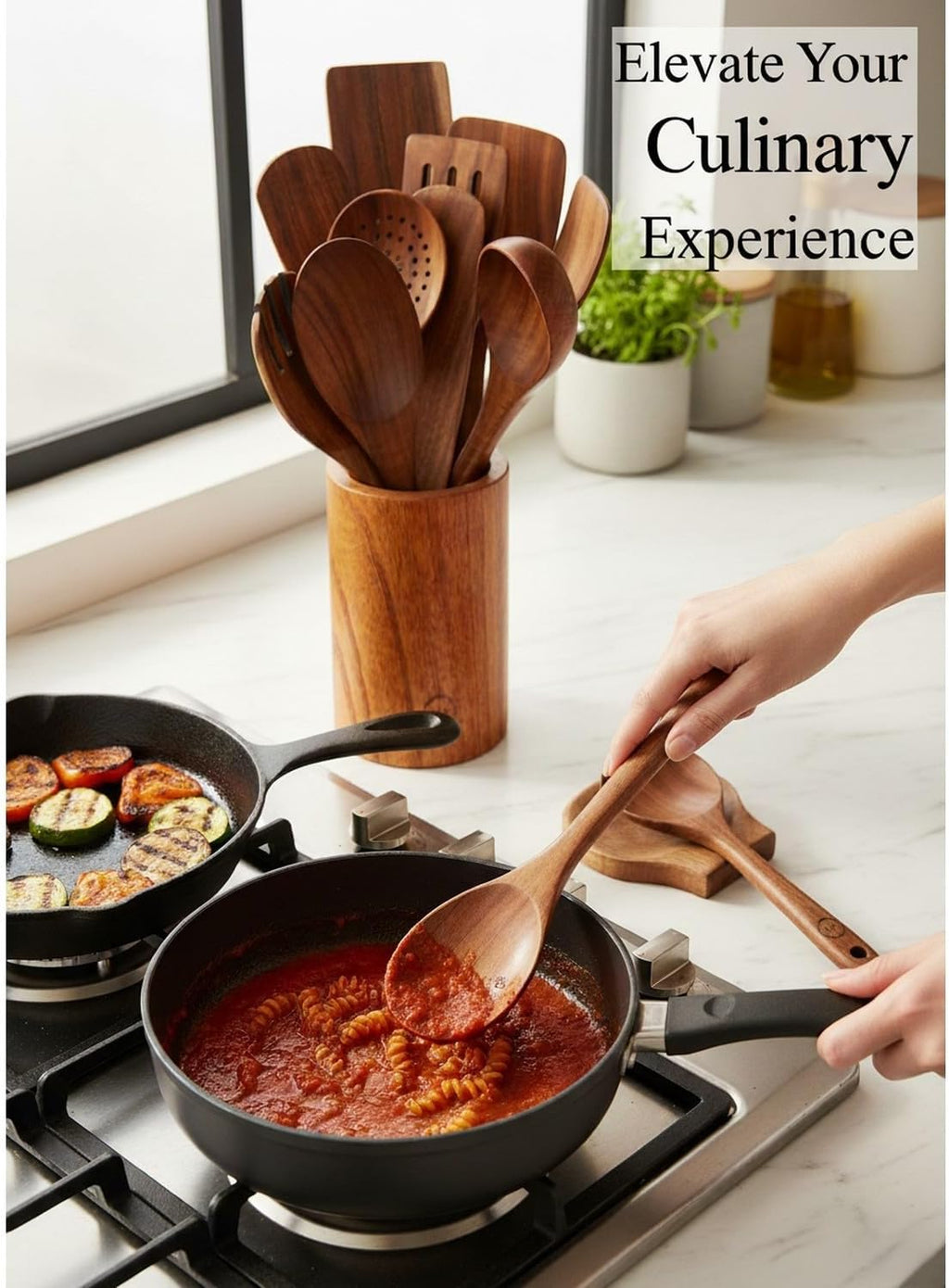 Skiennix 12-Piece Natural Teak Wood Utensil Set - Nonstick Cooking Tools with Holder & Rest