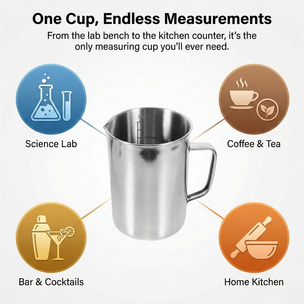 Veemoon Large Stainless Steel Measuring Cup, 1000ml/32OZ Metal Embossed Measuring Pitcher with Handle and Scale Coffee Milk Frothing Pitcher Latte Art Cup for Science Experiments Kitchen Liquid Mixing