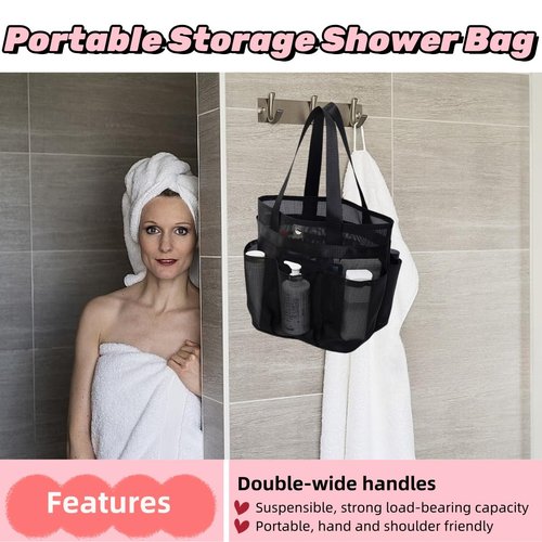 Large Capacity Mesh Shower Caddy for College Dorm Room Essentials with 6 Deeper Pockets, Shower Bag for Toiletry, Portable Hanging Tote Bag with 2 Handles for Bathroom, Beach
