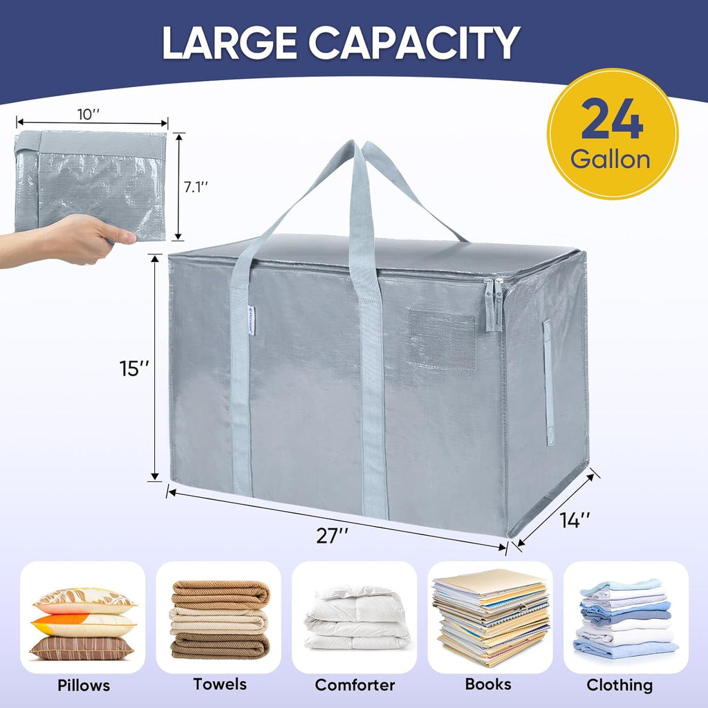 TICONN Extra Large Heavy-Duty Moving Bags - Durable Storage with Zippers & Handles | 6 Pack, Light Grey