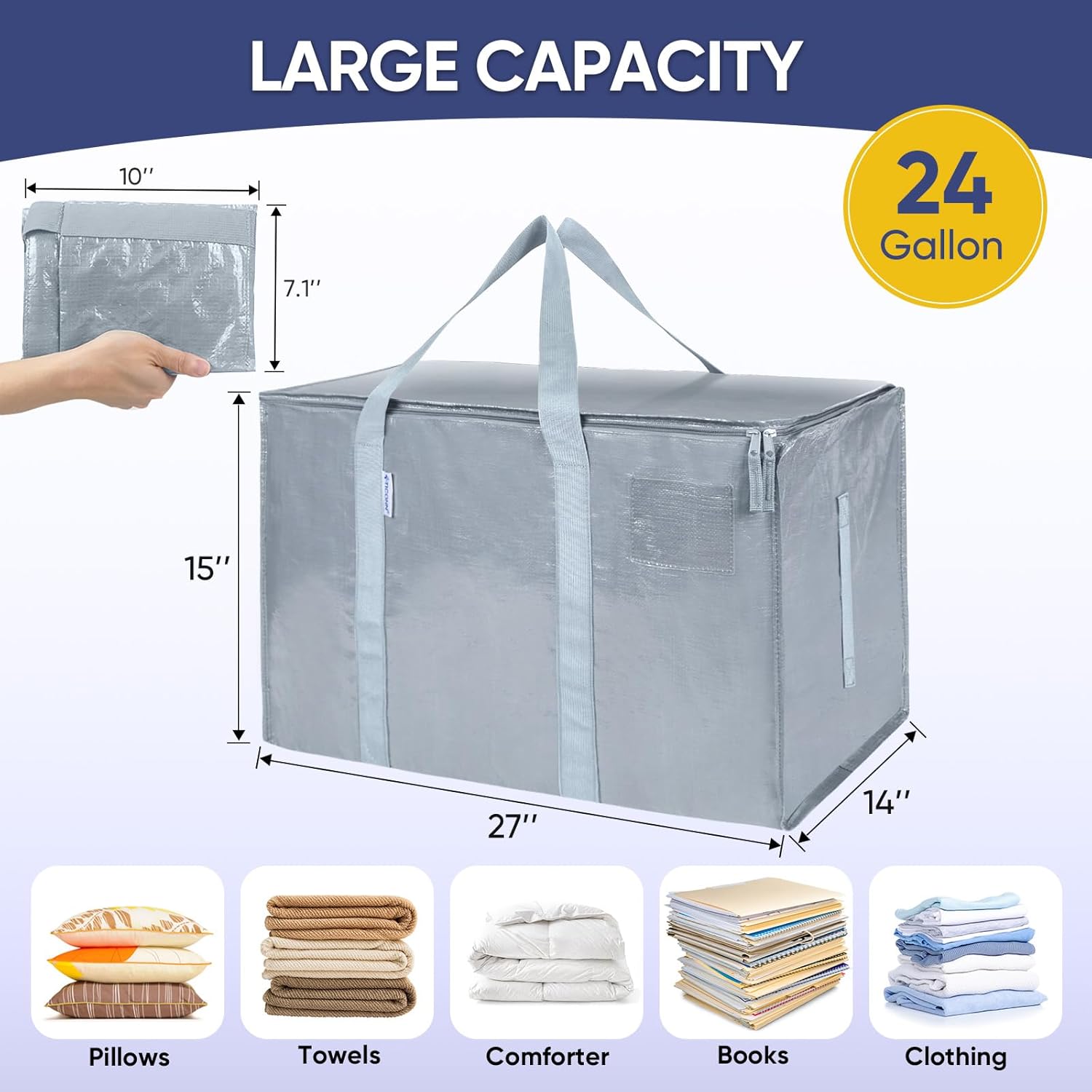 TICONN Extra Large Heavy-Duty Moving Bags - Durable Storage with Zippers & Handles | 6 Pack, Light Grey