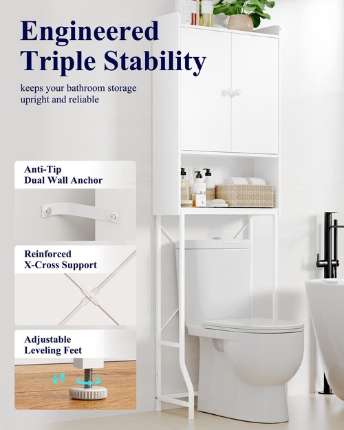 Kitsure Over The Toilet Storage Cabinet - 3 Tier Bathroom Organizers and Storage Solution with Adjustable Shelf & Bottom Bar, Anti-Tip Bathroom Storage Cabinet, White, 3 Tiers (68.1" H)