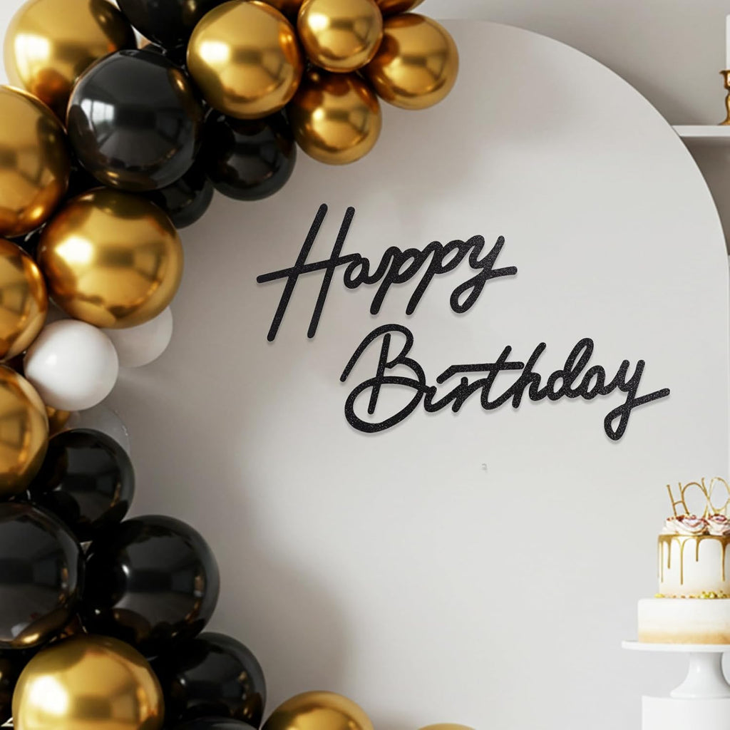 TONIFUL Happy Birthday Sign - Glitter Black Felt Banner for Party Backdrop | Includes Dot Glue