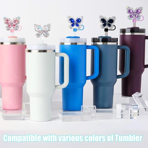 6Pcs Shiny Straw Toppers, Colorful Diamond Butterfly Straw Covers Cap Compatible with Stanley Cups 30&40 Oz Tumbler with Handle, 10mm/4inches Reusable Silicone Bling Stanley Cup Accessories