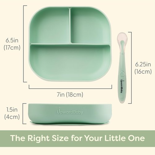 UpwardBaby Baby Plates and Spoon Set - Silicone Divider Suction Plates for Babies, Toddlers & Kids - Less Mess, Easy Portion Feeding Set - Non-Slip, Non-Toxic, BPA Free - Blue/Yellow