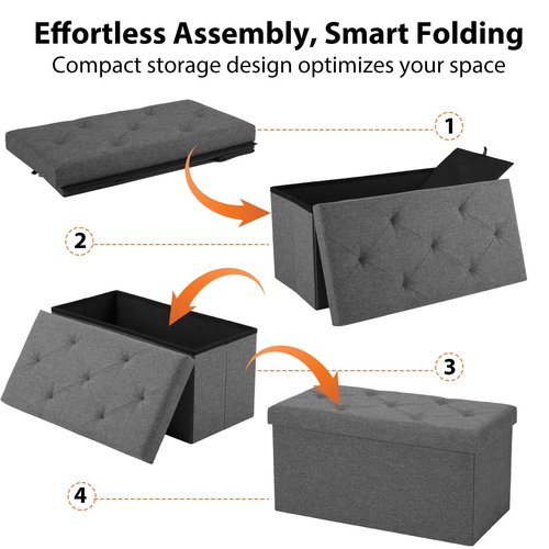 DUMOS 30in Foldable Storage Ottoman Bench, Storage Chest, End of Bed Foot Rest Stool with Padded Seat, Bedroom Bench for Living Room, Bedroom, Support 660lbs, Grey
