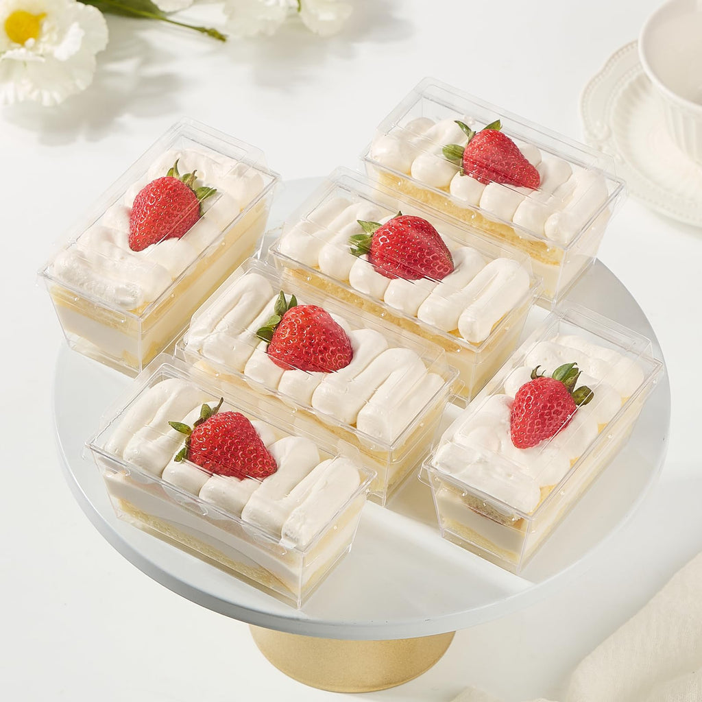 TOFLEN 50 Pack 5 oz Dessert Cups with Lids and Spoons, Mini Clear Plastic Parfait Cups, Rectangle Party Serving Bowls for Parfait, Appetizers, Mousse, Pudding