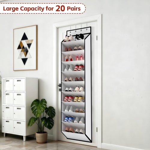 KEEPJOY 10 Tiers White Over Door Shoe Organizer Storage, Hanging Shoe Holder for Door with Large Deep Pockets, Fit 20-30 Pairs Shoe Rack for Sneakers, Boots (White)