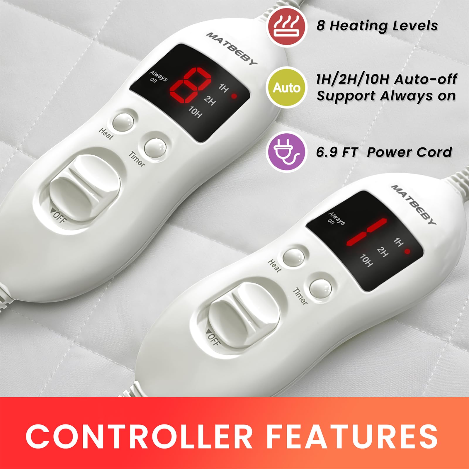 Heated Mattress Pad King Size, Electric Mattress Pad Cover w/Dual Control 8 Heating Settings, Bed Warmer w/ 4 Auto Shut Off Settings, UL Certified, Deep Pocket, Machine Washable, White