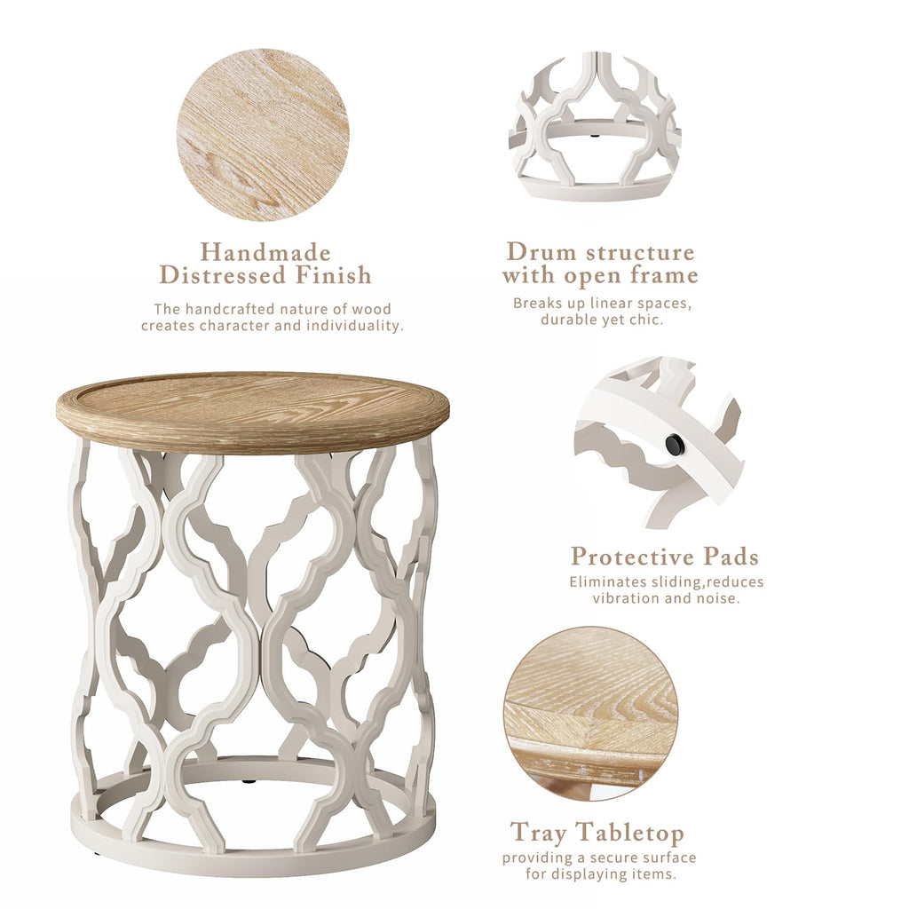karlott Farmhouse End Table, 18.5'' French Country Round Side Table, Distressed Tray Top Side Table with Curved Motif Frame Base for Boho, End Tables Living Room, Bedroom, Small Space, Cream Beige