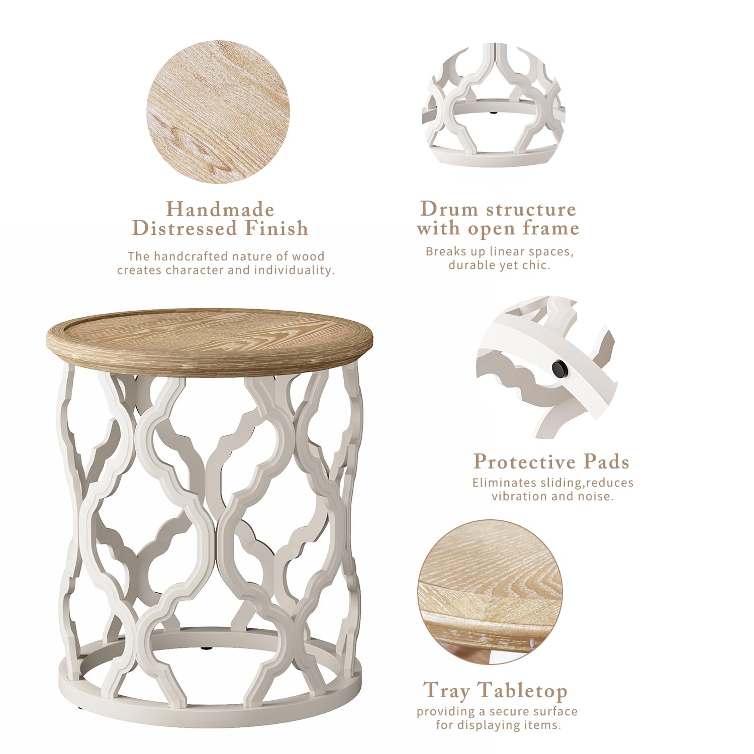 karlott Farmhouse End Table, 18.5'' French Country Round Side Table, Distressed Tray Top Side Table with Curved Motif Frame Base for Boho, End Tables Living Room, Bedroom, Small Space, Cream Beige