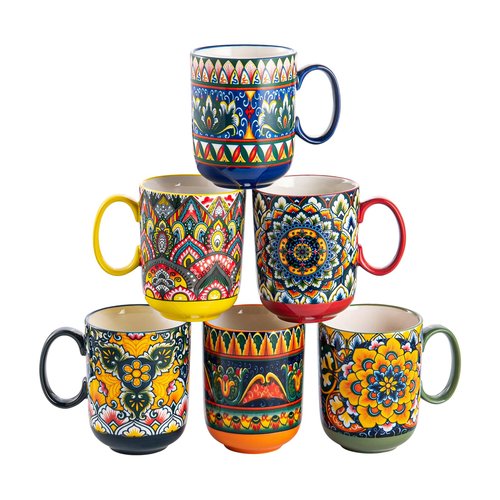 Henten Home Porcelain Coffee Mug Set of 6, 14 oz Colorful Latte Cup with Handle, Boho Ceramic Mug for Hot Chocolate, Milk, Tea, Cappuccino, Cocoa, Microwave & Dishwasher Safe