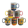 Henten Home Ceamic Coffee Mug Set of 6, 14 oz Colorful Latte Cup with Handle, Boho Floral Mug for Hot Cocoa, Milk, Tea, Chocolate, Microwave & Dishwasher Safe